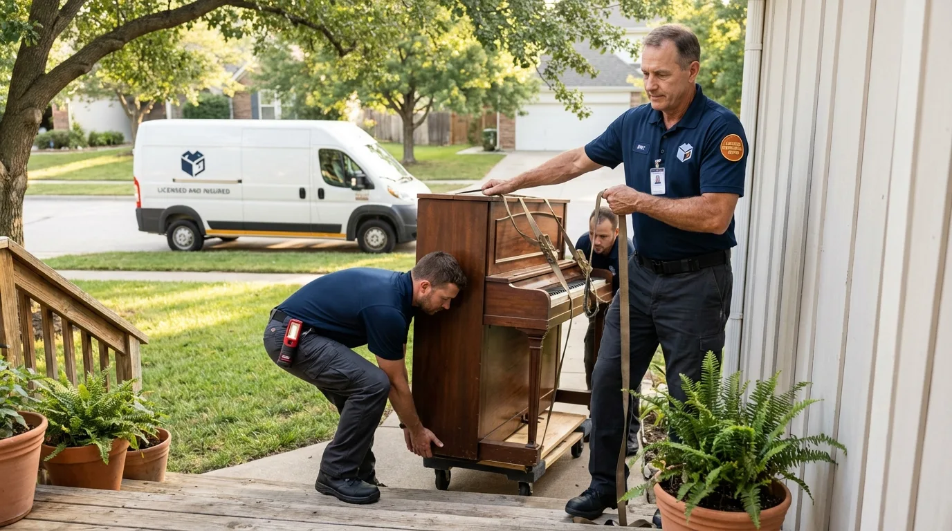 Licensed piano movers securing grand piano in Bethany, OK