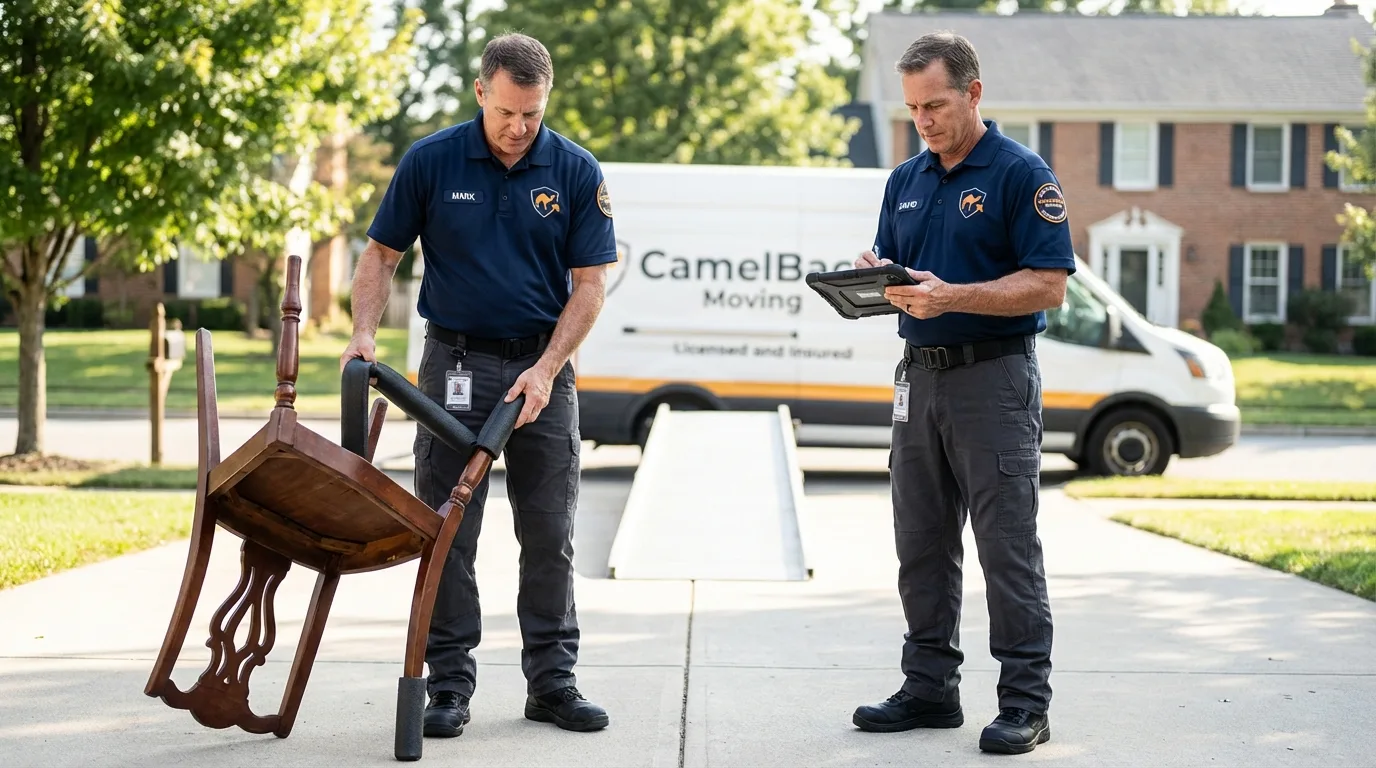 Movers inspecting furniture for damage prevention before loading in Bethany, OK